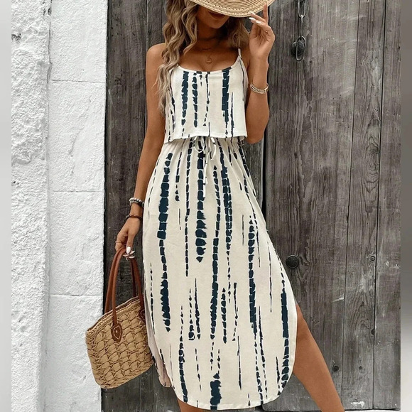 Tie-Dye Spaghetti Strap Dress With Waist Belt And Side Slit - Picture 6 of 6